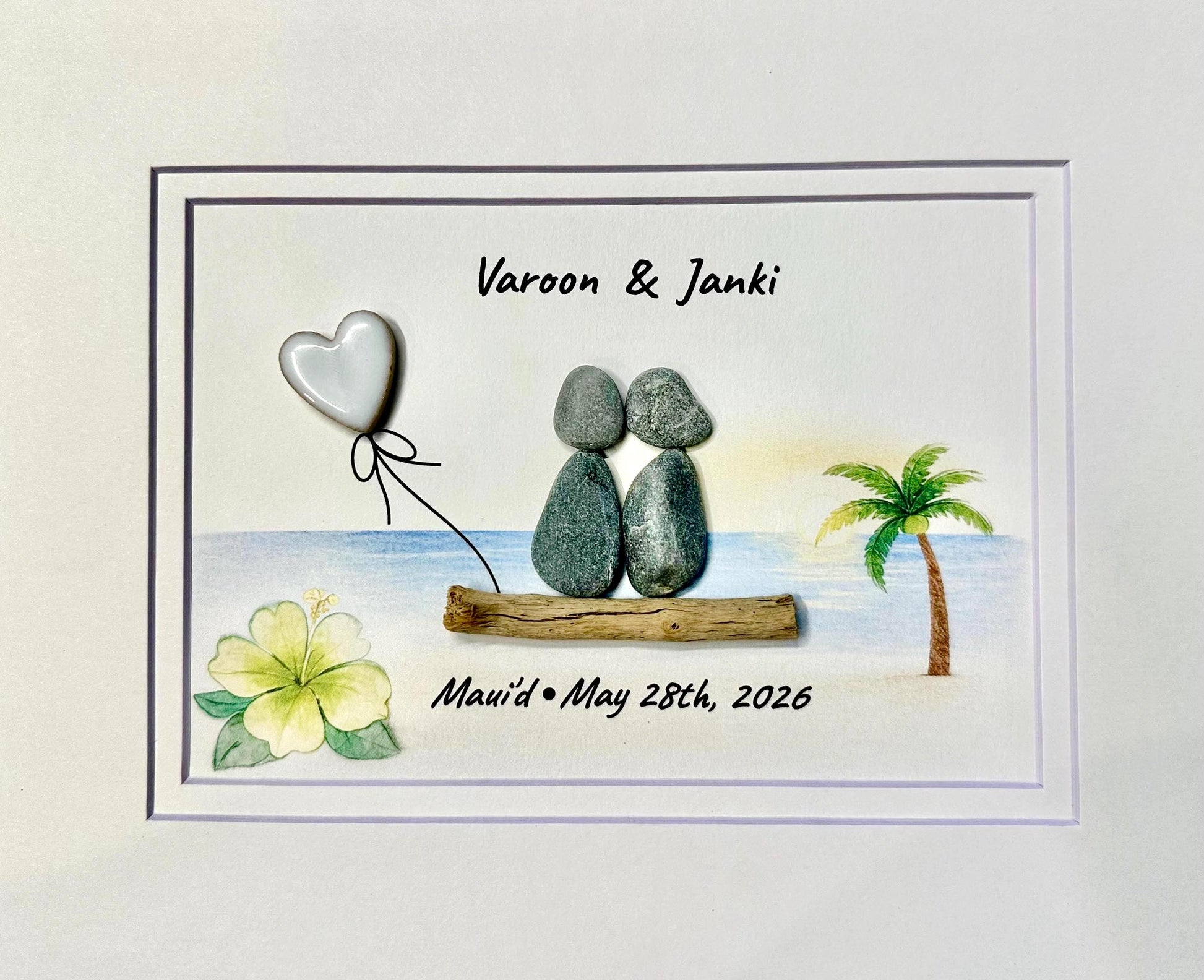 Personalized Hawaii Anniversary Gift, Custom Beach Pebble Art, Tropical Wedding Gift, Coastal Decor, Couple Portrait