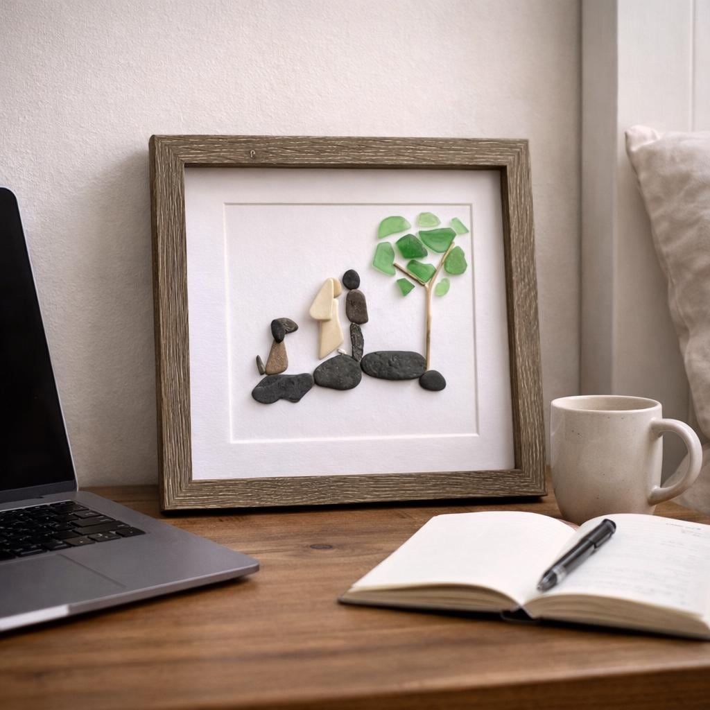 Pebble Art Wedding Gift with Dog – Handmade Newlywed Portrait