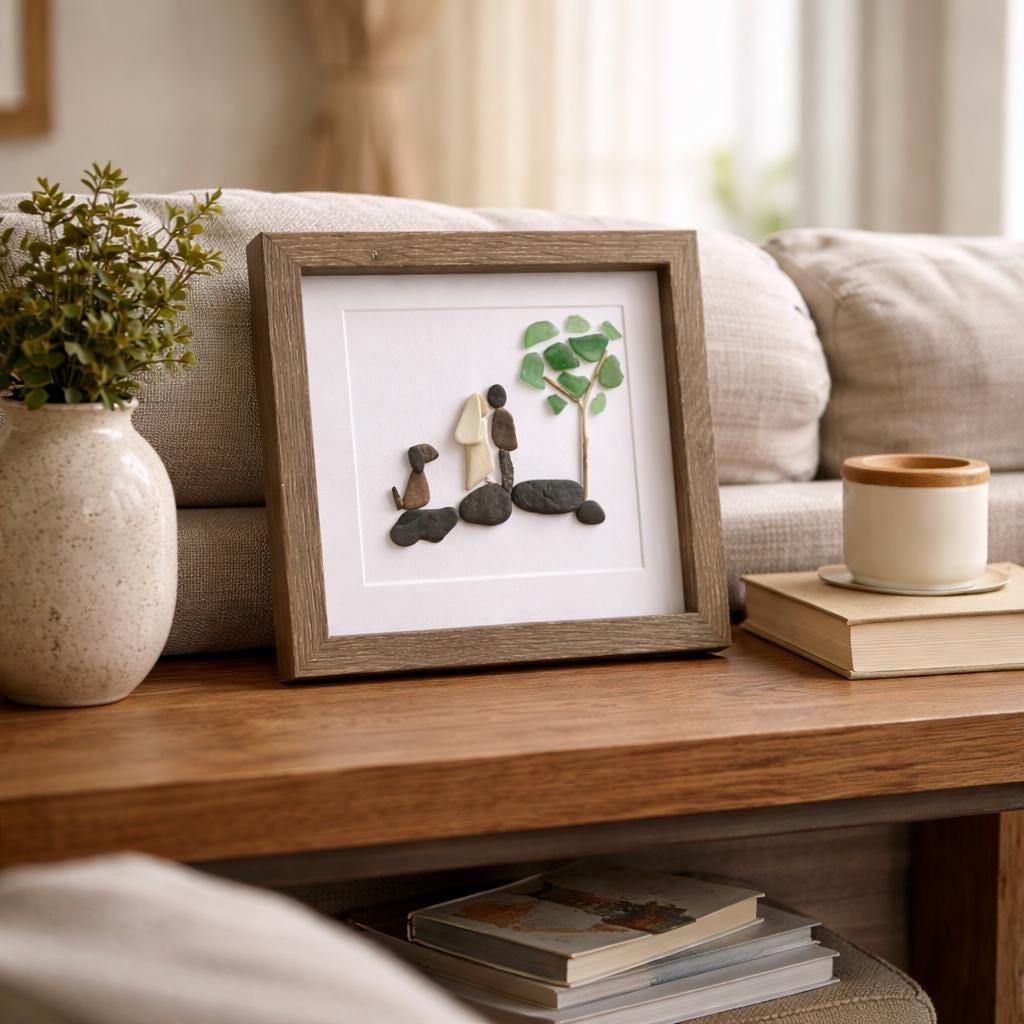 Pebble Art Wedding Gift with Dog – Handmade Newlywed Portrait