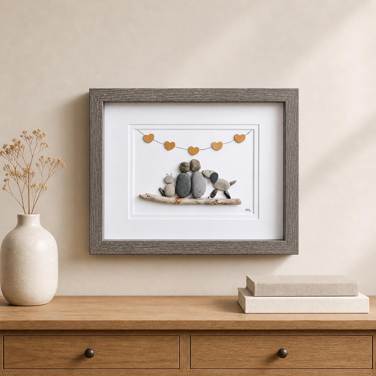 Couple with Cat and Dog | Gift for Animal Lovers, Pet Owners | Cat Art | Dog Art | Couple with Cat and Dog Pebble Art | 8x8 Pebble Art