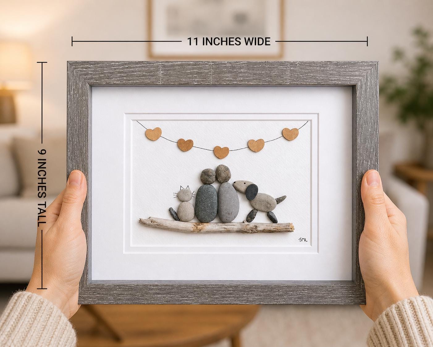 Couple with Cat and Dog | Gift for Animal Lovers, Pet Owners | Cat Art | Dog Art | Couple with Cat and Dog Pebble Art | 8x8 Pebble Art