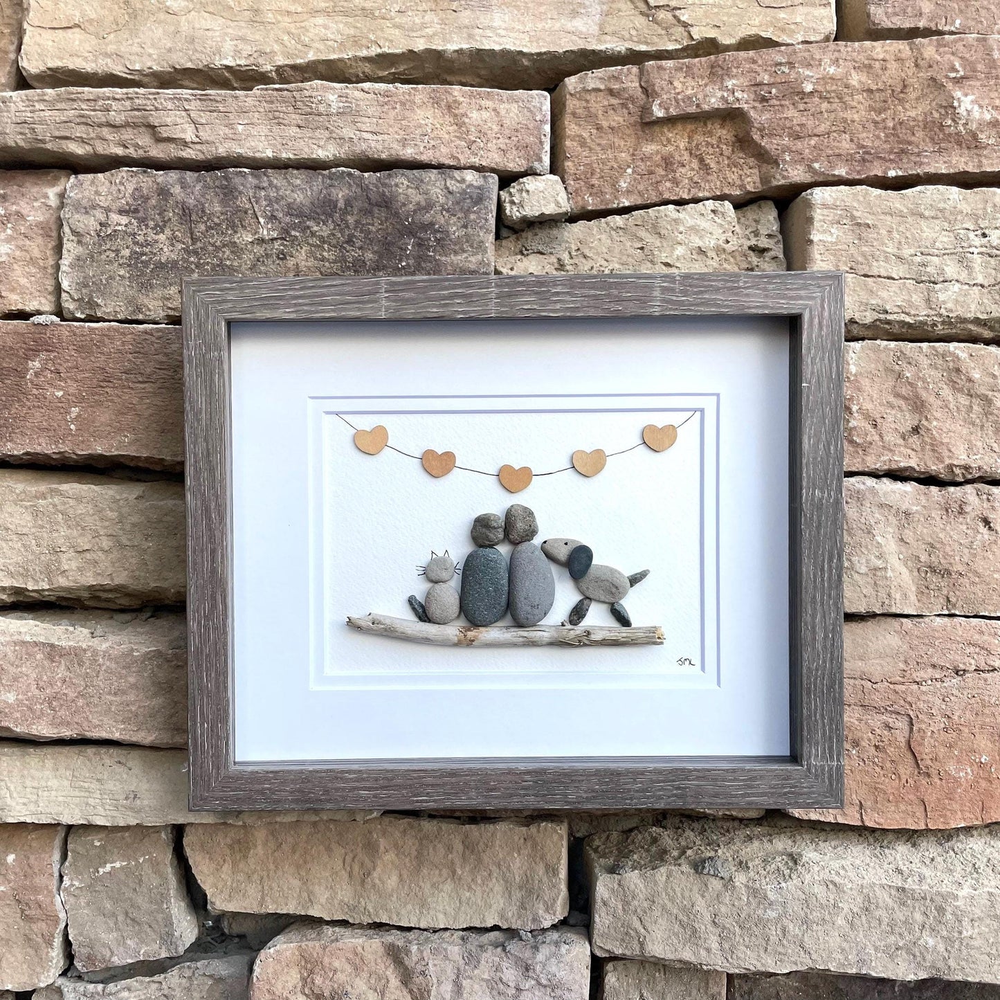 Couple with Cat and Dog | Gift for Animal Lovers, Pet Owners | Cat Art | Dog Art | Couple with Cat and Dog Pebble Art | 8x8 Pebble Art