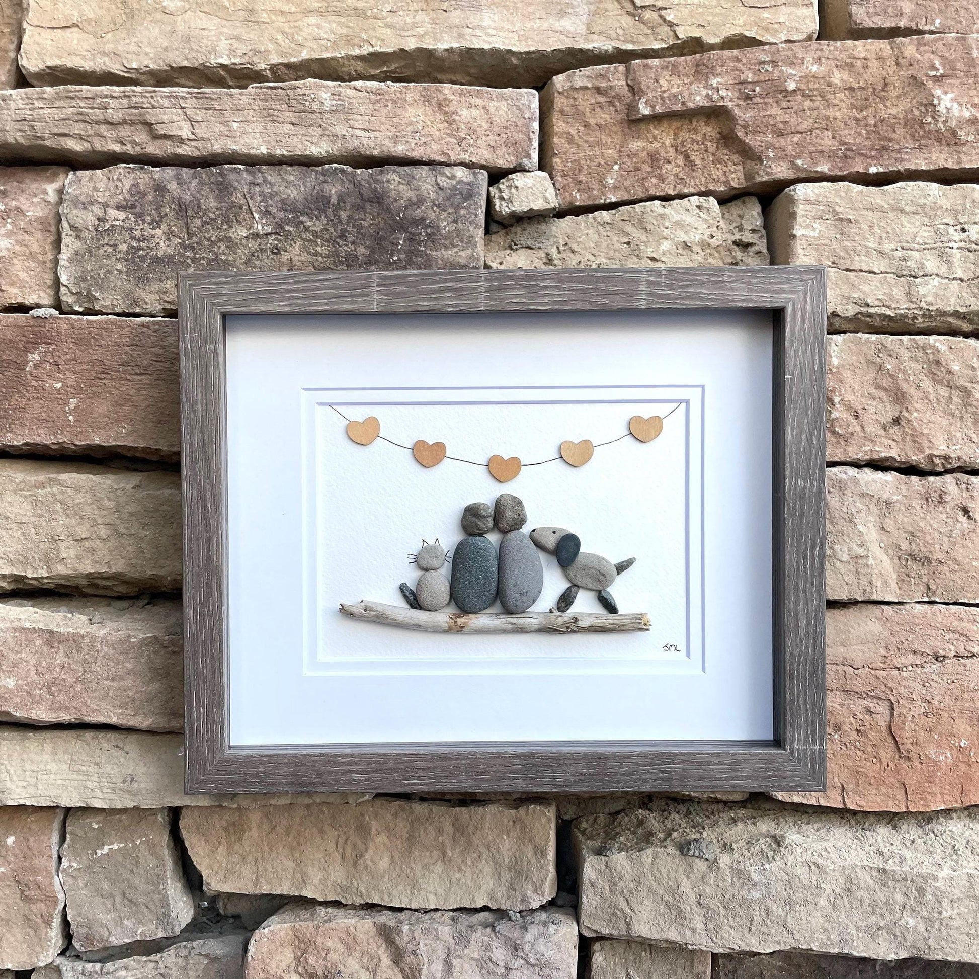 Couple with Cat and Dog | Gift for Animal Lovers, Pet Owners | Cat Art | Dog Art | Couple with Cat and Dog Pebble Art | 8x8 Pebble Art