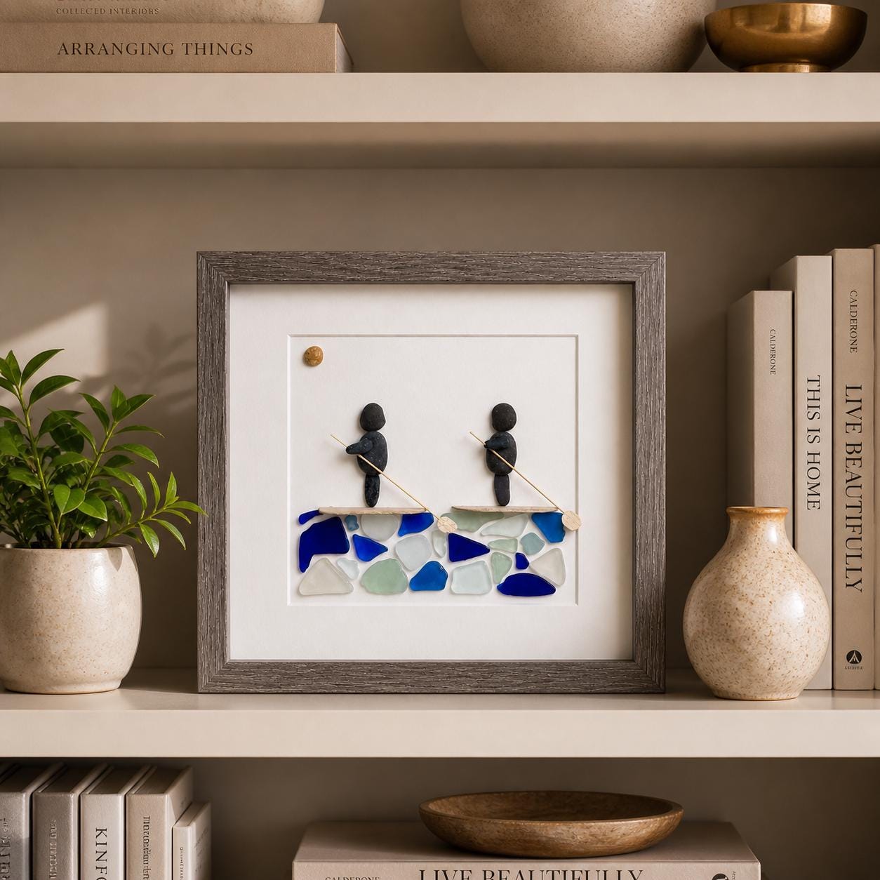 Paddle Boarders Framed 9x9 Sea Glass & Pebble Artwork, Handmade Gift for Couple or Friends