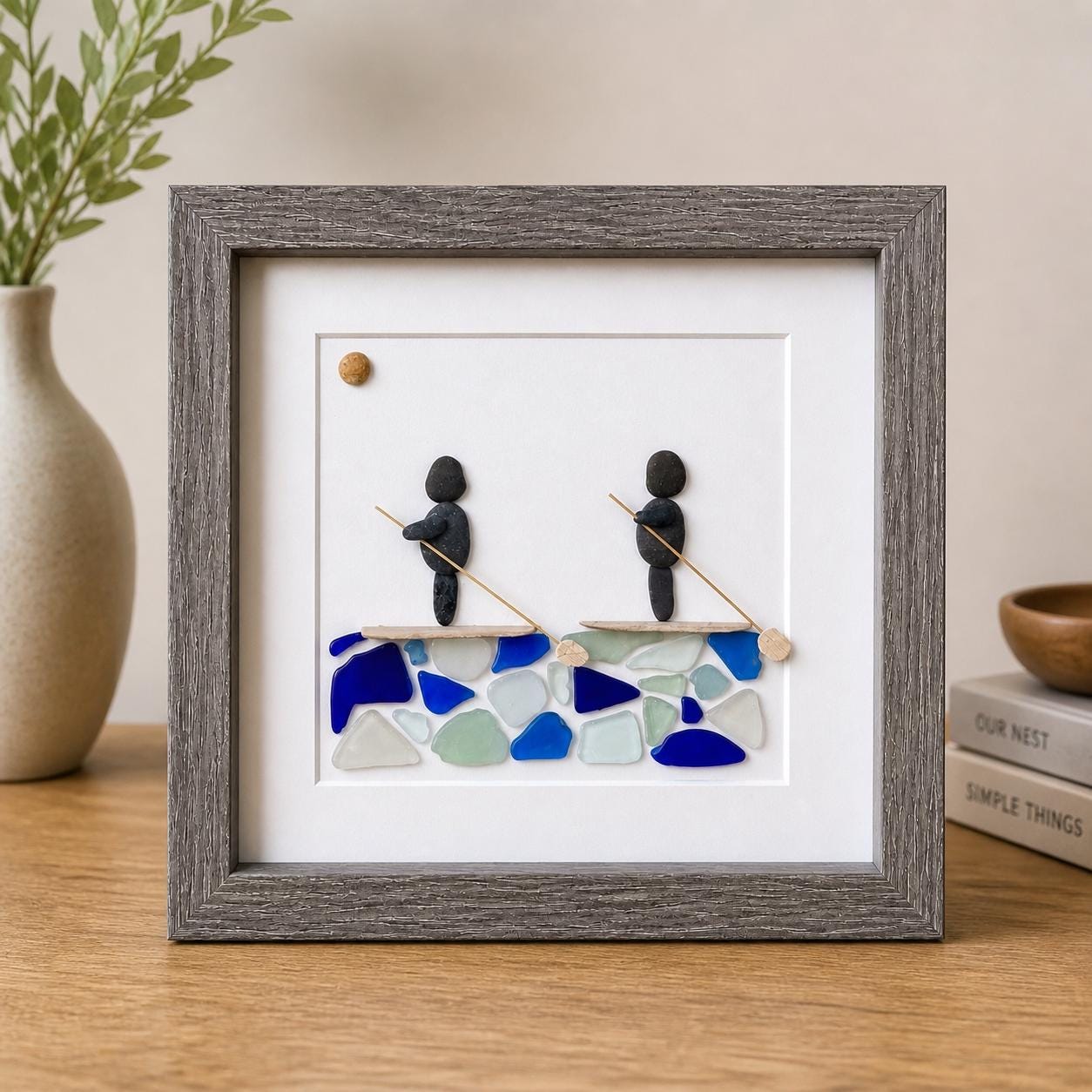 Paddle Boarders Framed 9x9 Sea Glass & Pebble Artwork, Handmade Gift for Couple or Friends