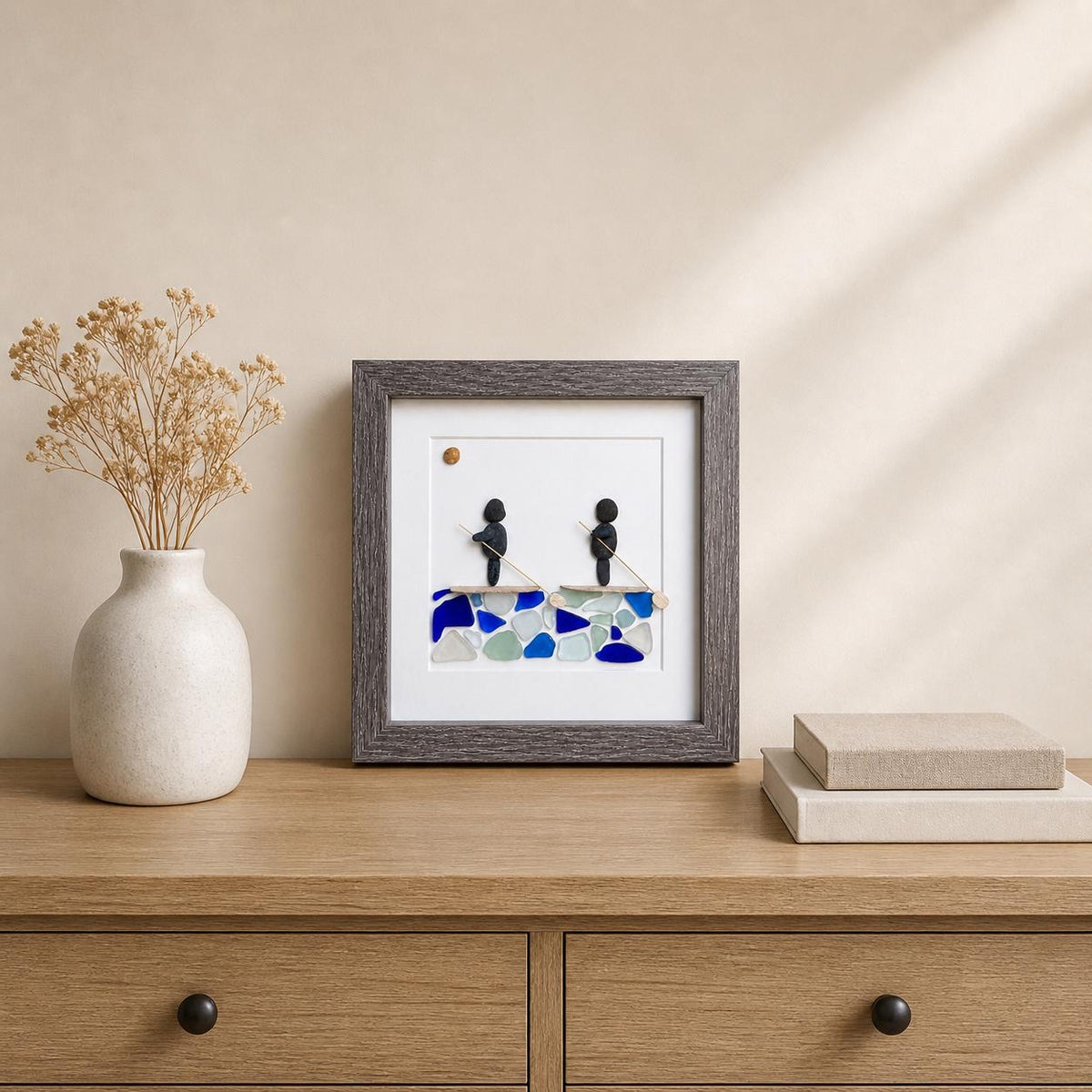 Paddle Boarders with Blue Water. Framed 9x9 Sea Glass & Pebble Artwork, Handmade Gift for Couple or Friends