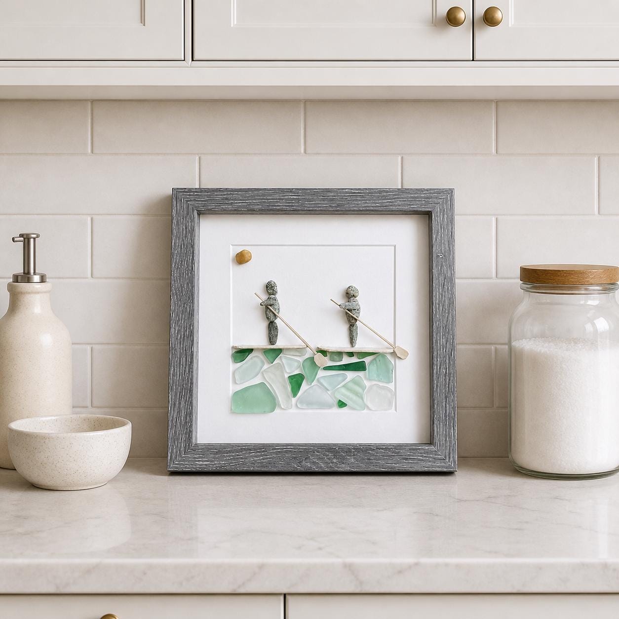 Paddle Boarders Framed 9x9 Sea Glass & Pebble Artwork, Handmade Gift for Couple or Friends