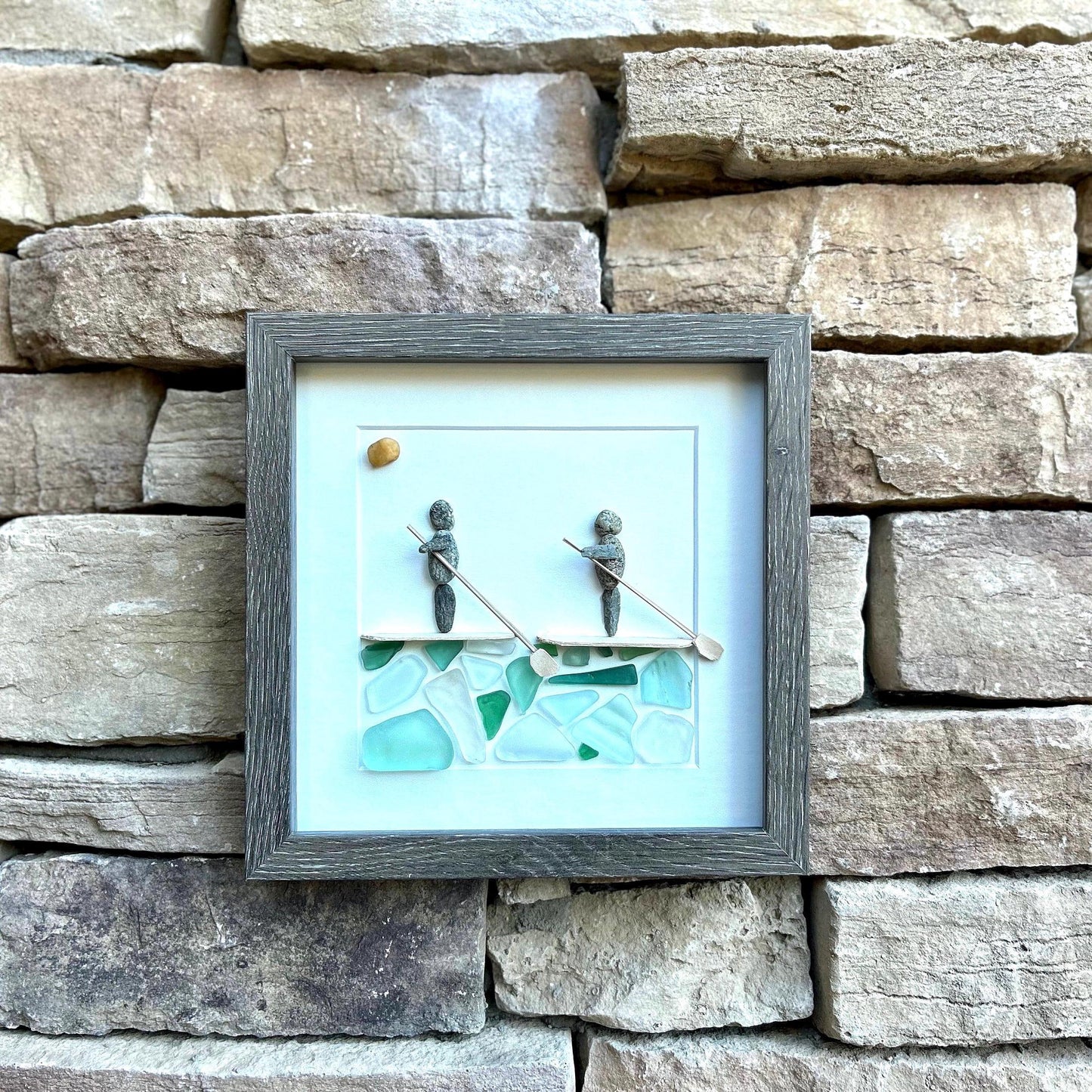 Paddle Boarders Framed 9x9 Sea Glass & Pebble Artwork, Handmade Gift for Couple or Friends