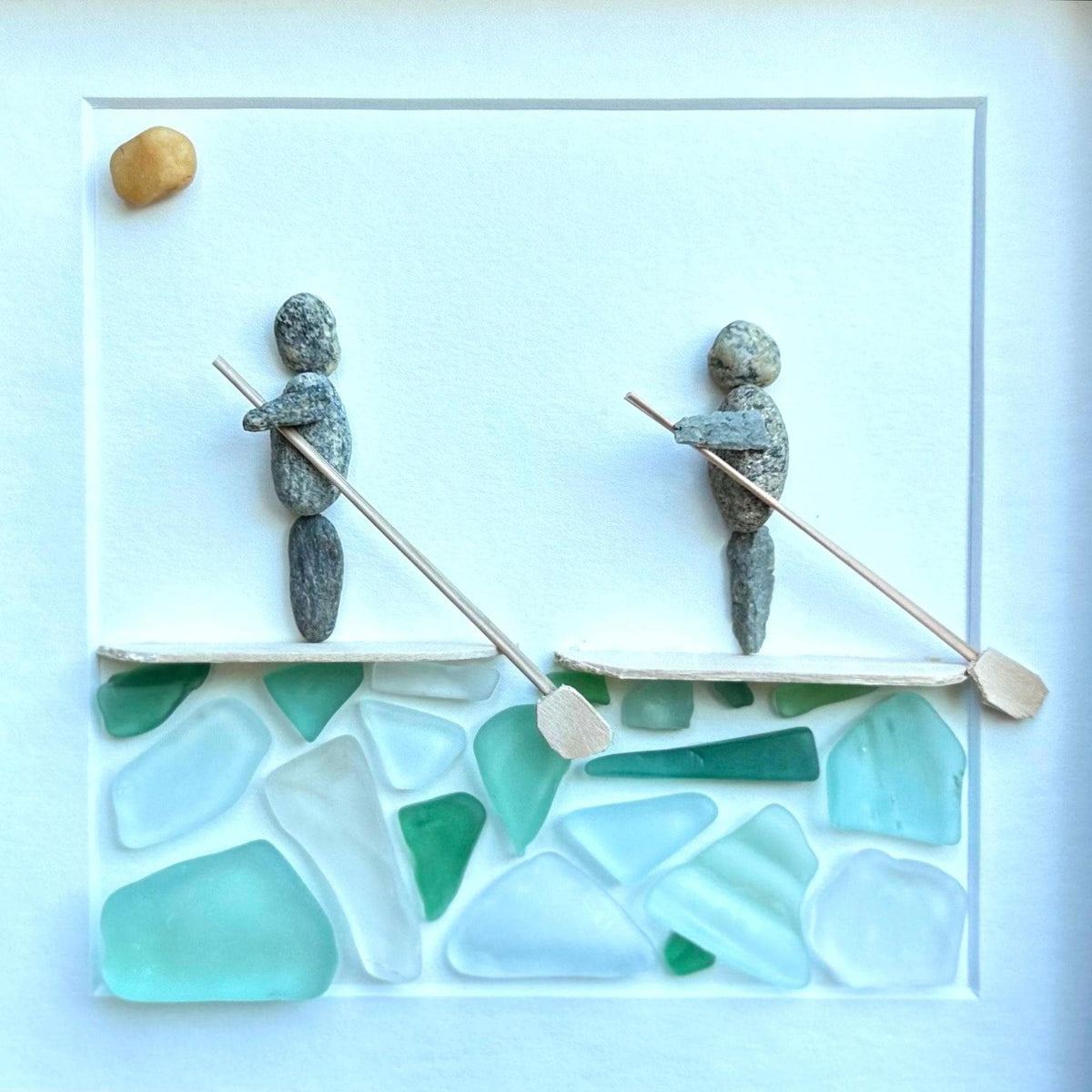 Two Paddle Boarders Sea Glass and Pebble Art, 8x8"