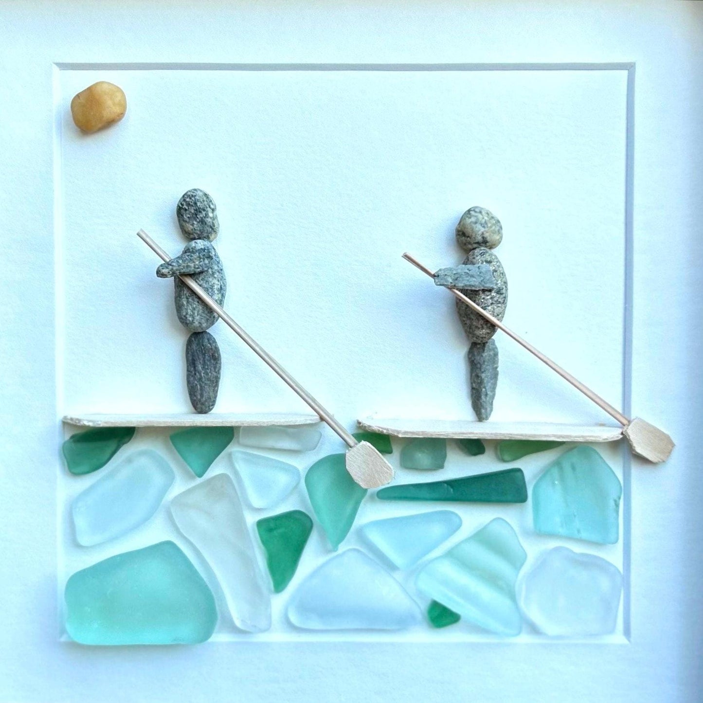 Paddle Boarders Framed 9x9 Sea Glass & Pebble Artwork, Handmade Gift for Couple or Friends