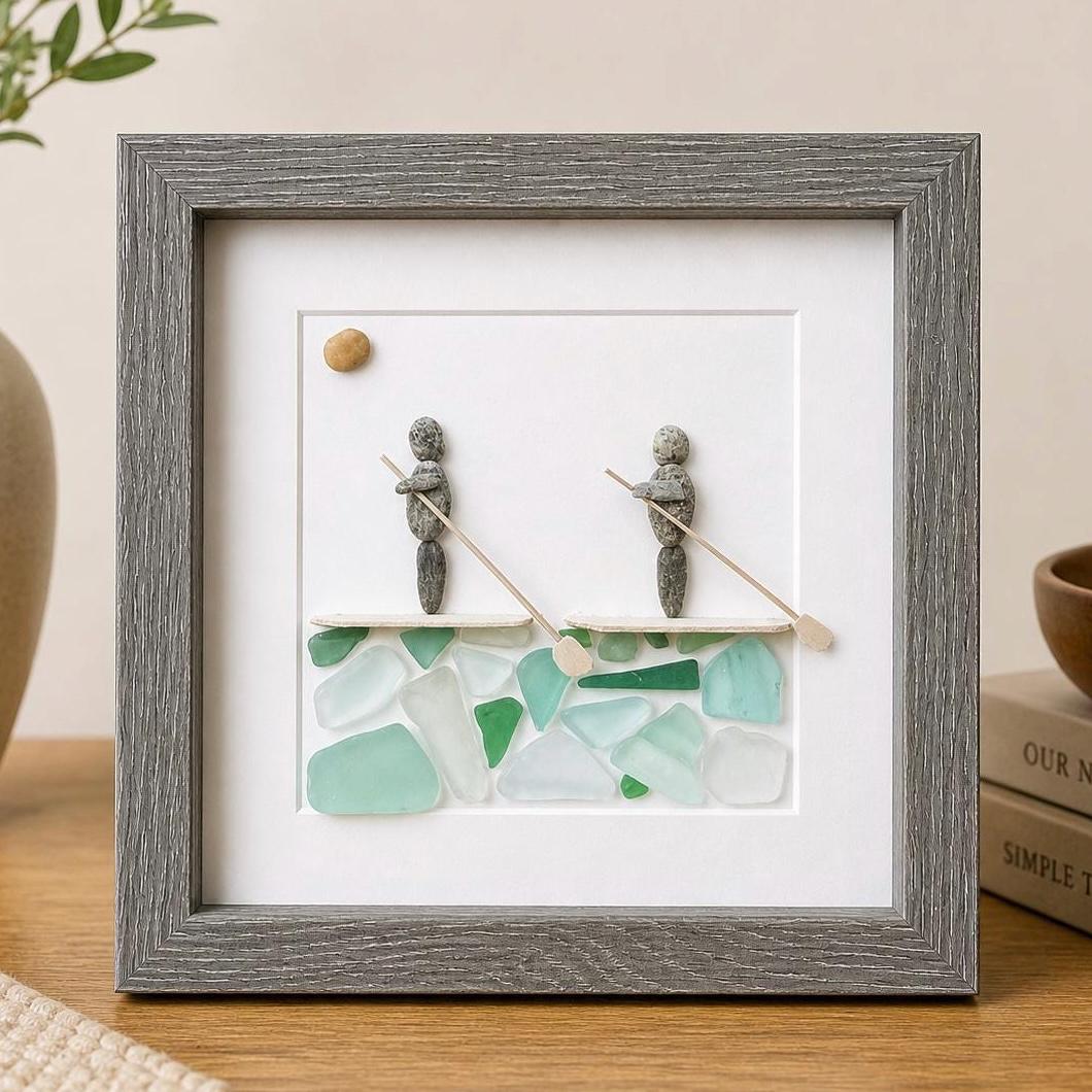 Paddle Boarders Framed 9x9 Sea Glass & Pebble Artwork, Handmade Gift for Couple or Friends