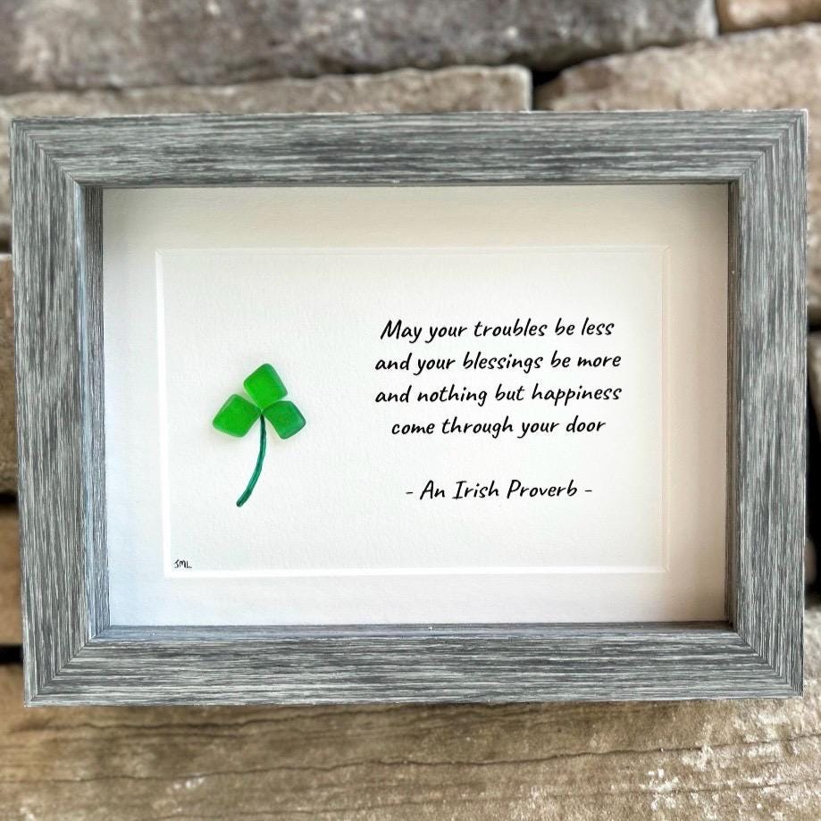 Irish Blessing | "May Your Troubles Be Less..." Shamrock Sea Glass Art, 5x7 Framed Picture, St Patrick’s Day, Ireland