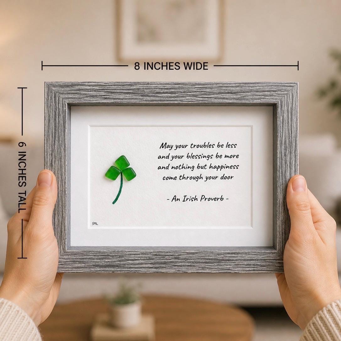 Irish Blessing | "May Your Troubles Be Less..." Shamrock Sea Glass Art, 5x7 Framed Picture, St Patrick’s Day, Ireland