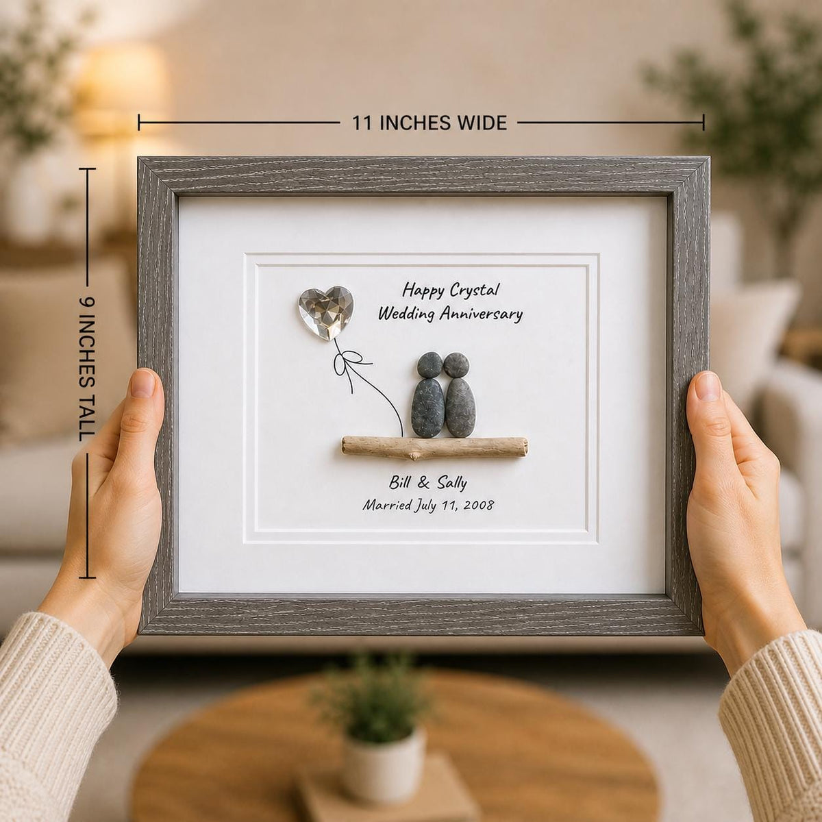 15th Wedding Anniversary Personalized Gift, Crystal Anniversary Pebble Art, 8x10 Framed Anniversary Gift for Wife, Husband, Parents