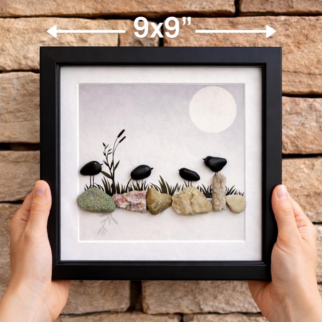 Crow or Black Bird Pebble Art, Handmade Coastal Art, 8x8 Framed Art