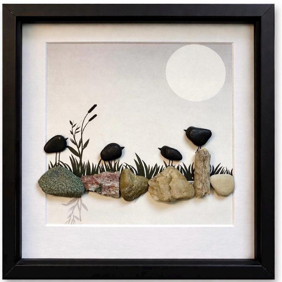 Crow or Black Bird Pebble Art, Handmade Coastal Art, 8x8 Framed Art