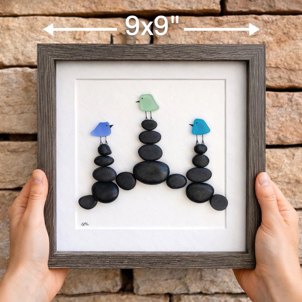 Sea Glass Birds on Rock Cairns, 8 x 8” Framed Original Handmade Artwork, Minimalist Beach Decor