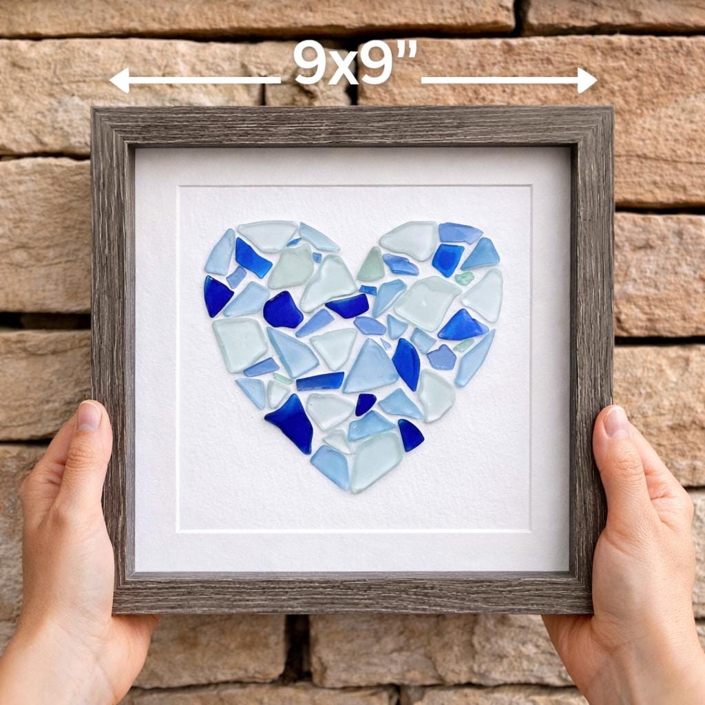 Handmade Sea Glass Heart Art, Framed Coastal Wall Decor, Teal Blue Shades