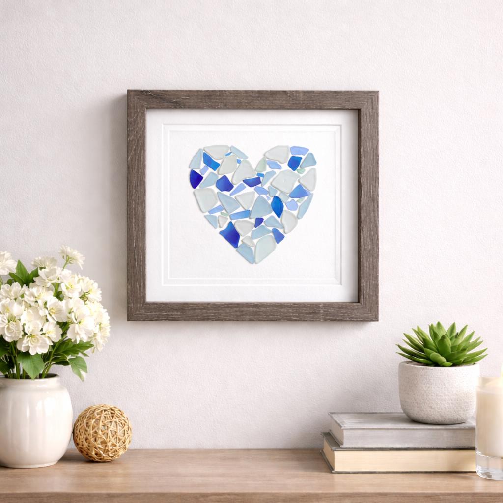 Handmade Sea Glass Heart Art, Framed Coastal Wall Decor, Teal Blue Shades
