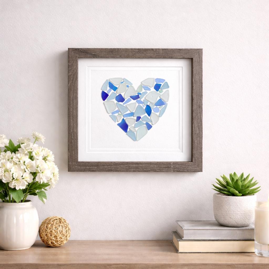 Glass Love Heart | Heart Art in Shades of Blue | Beach Lover Gift | Coastal Wall Decor | Gift for Friend | 8x8 Sea Glass Art
