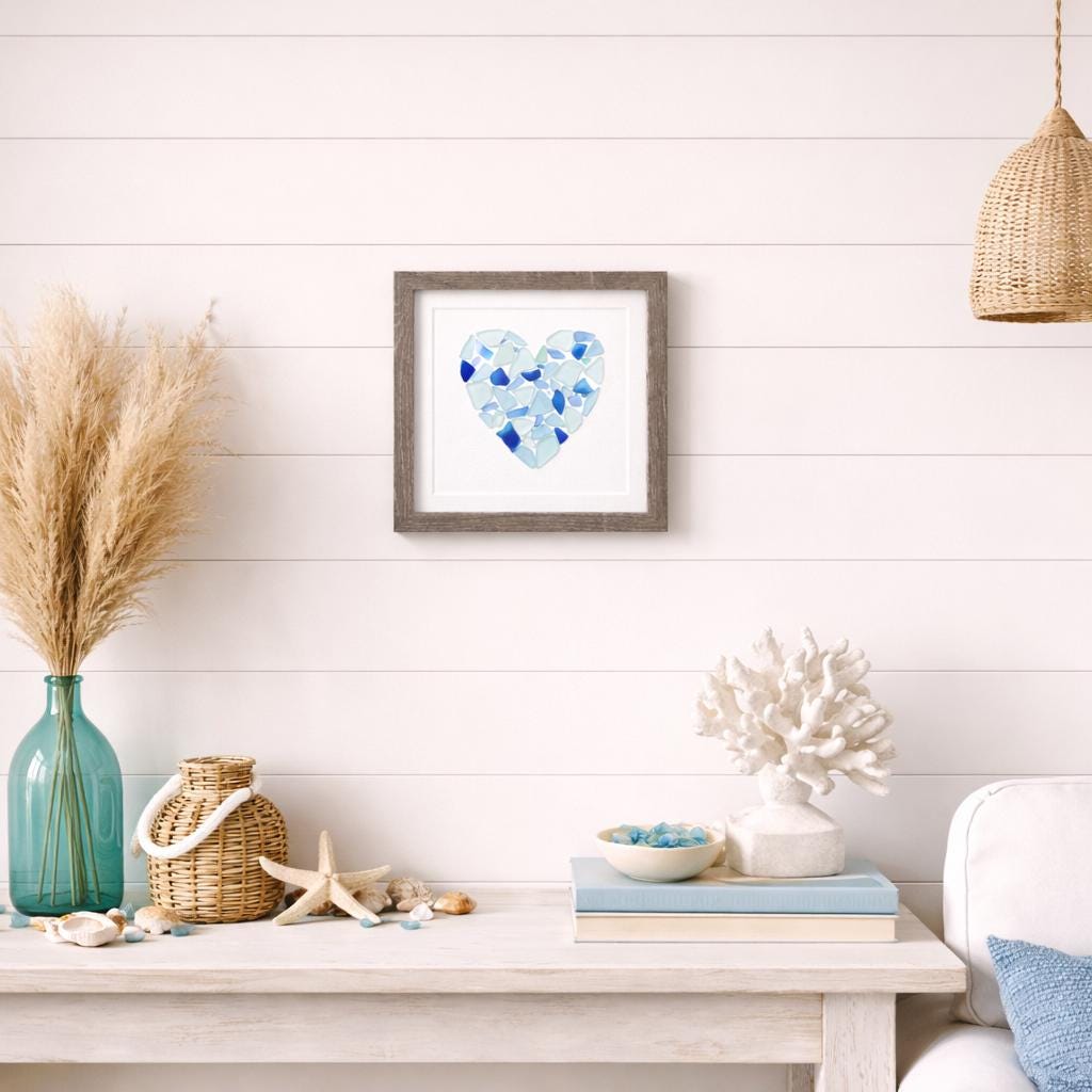 Handmade Sea Glass Heart Art, Framed Coastal Wall Decor, Teal Blue Shades