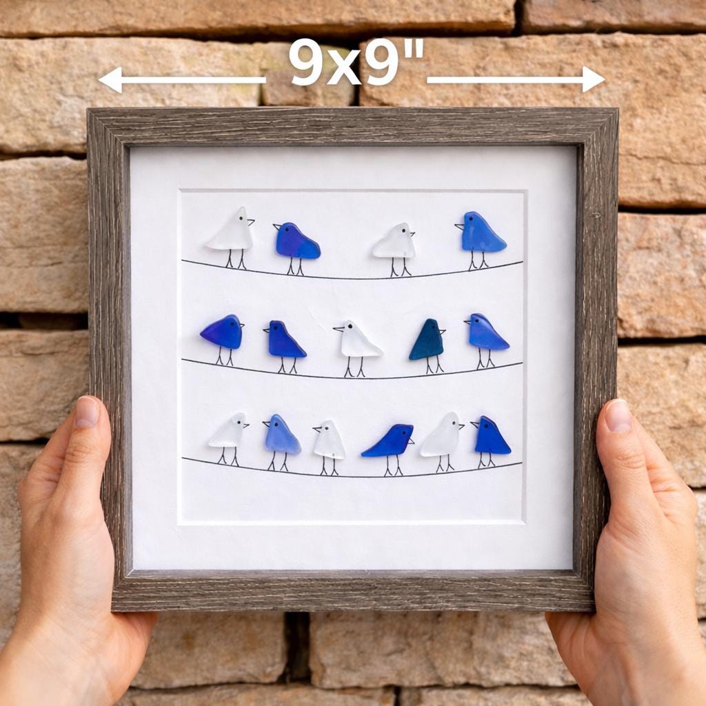 Sea Glass Birds on Wire, Coastal Framed Art, 9x9 Original Artwork