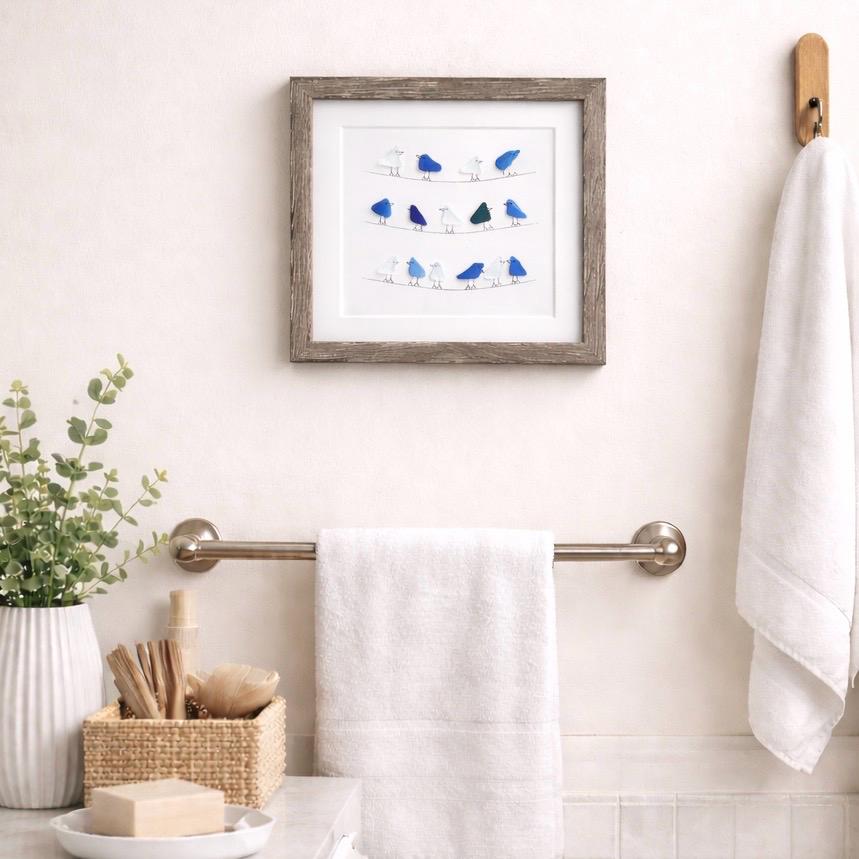 Sea Glass Birds on Wire, Coastal Framed Art, 9x9 Original Artwork