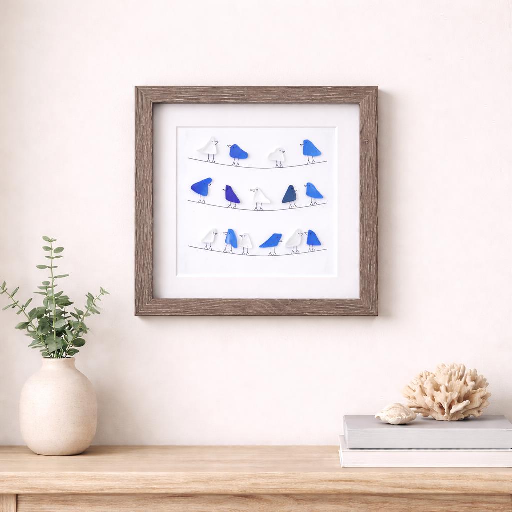 Sea Glass Birds on Wire, Coastal Framed Art, 9x9 Original Artwork