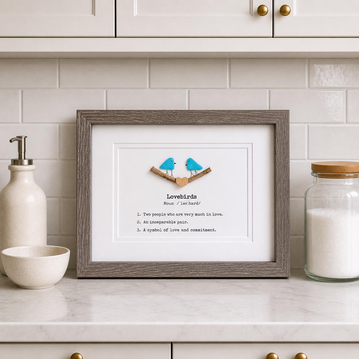 Lovebirds Sea Glass Art Showing Two Birds in Love, Framed 8x10 Valentine’s Day Gift, Unique Romantic Artwork