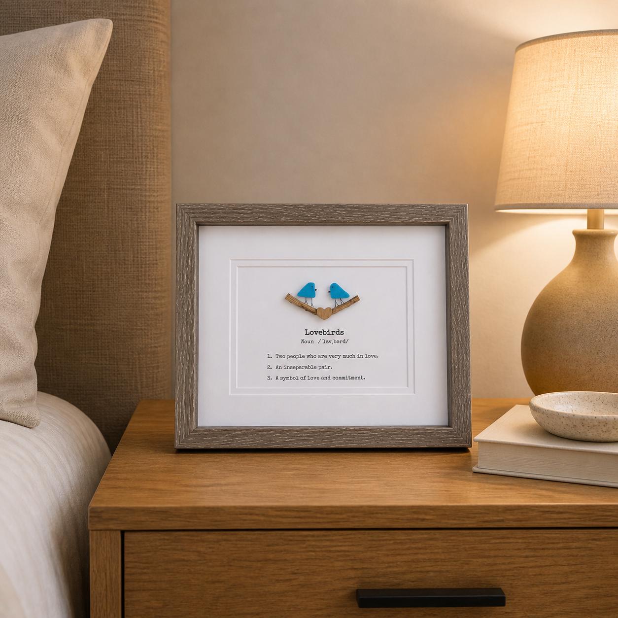 Lovebirds Sea Glass Art Showing Two Birds in Love, Framed 8x10 Valentine’s Day Gift, Unique Romantic Artwork