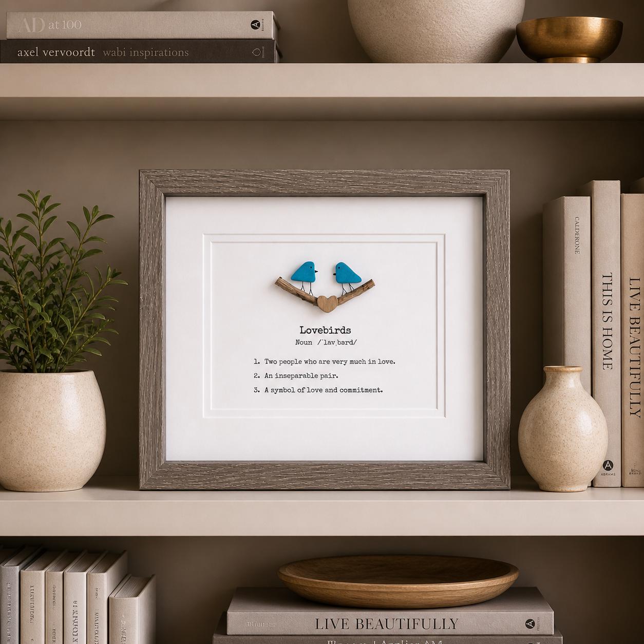 Lovebirds Sea Glass Art Showing Two Birds in Love, Framed 8x10 Valentine’s Day Gift, Unique Romantic Artwork