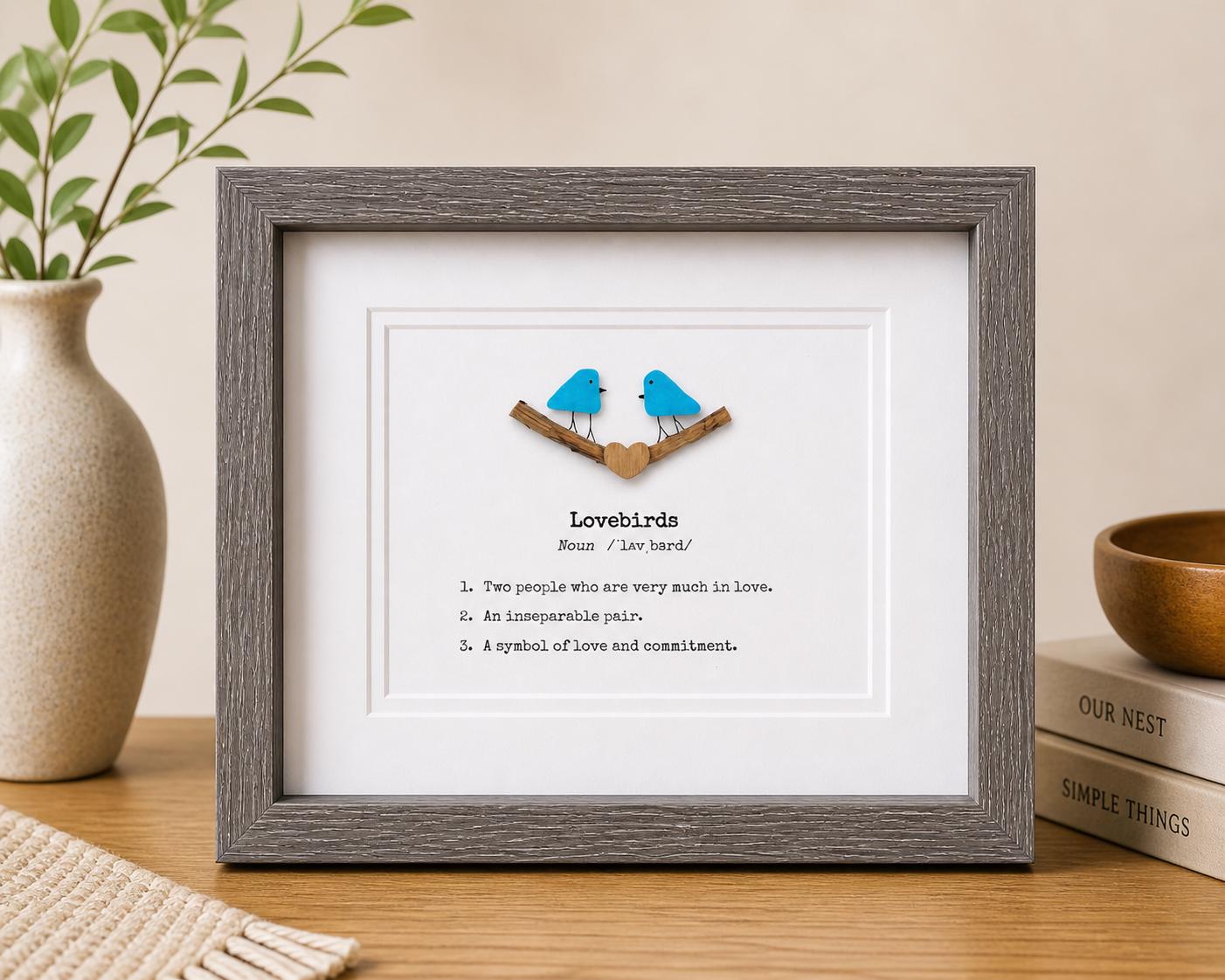 Lovebirds Sea Glass Art Showing Two Birds in Love, Framed 8x10 Valentine’s Day Gift, Unique Romantic Artwork