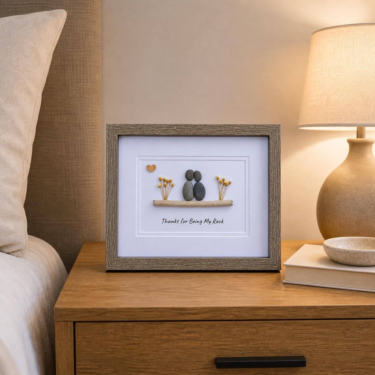 Handmade Pebble Art, Couple on Branch, Framed Friendship Gift