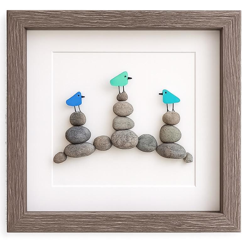Sea Glass Birds on Rock Piles, 9 x 9 Framed Original Handmade Pebble Beach Art, Minimalist Beach Decor