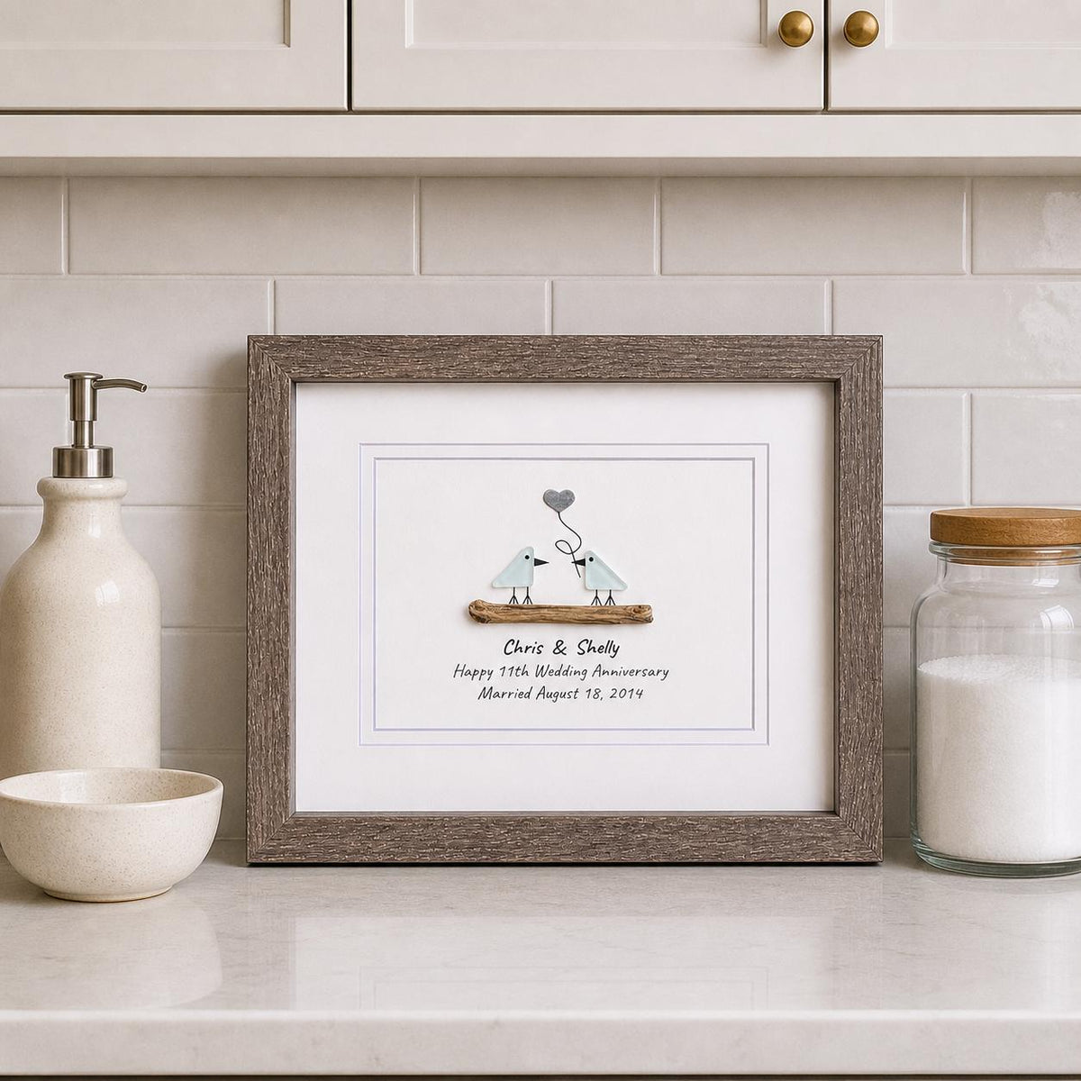 11th Wedding Anniversary Pebble Art | Steel Anniversary Gift | Sea Glass Love Birds