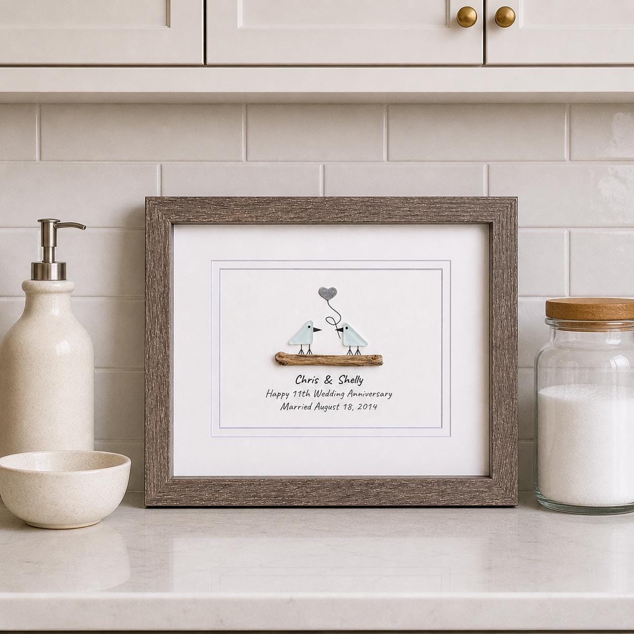 11th Wedding Anniversary Pebble Art | Steel Anniversary Gift | Sea Glass Love Birds