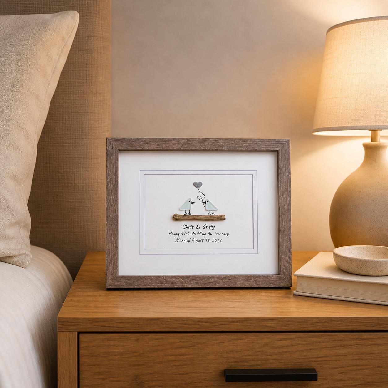 11th Wedding Anniversary Pebble Art | Steel Anniversary Gift | Sea Glass Love Birds