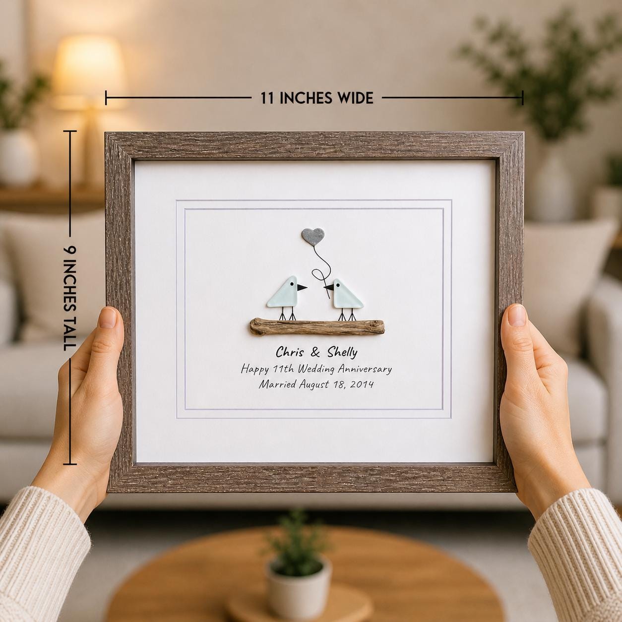 11th Wedding Anniversary Pebble Art | Steel Anniversary Gift | Sea Glass Love Birds