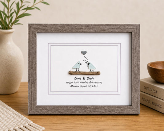 11th Wedding Anniversary Pebble Art | Steel Anniversary Gift | Sea Glass Love Birds