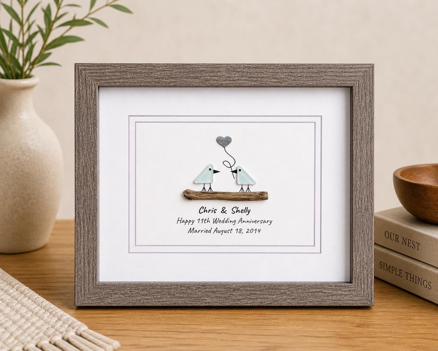 11th Wedding Anniversary Pebble Art | Steel Anniversary Gift | Sea Glass Love Birds