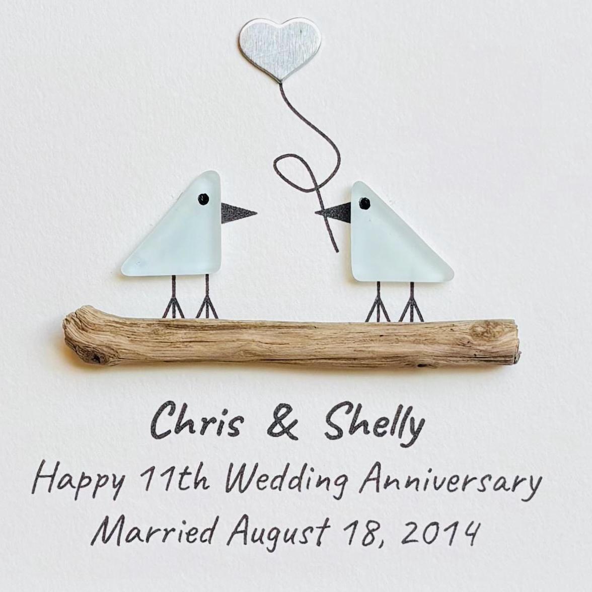 11th Wedding Anniversary Pebble Art | Steel Anniversary Gift | Sea Glass Love Birds