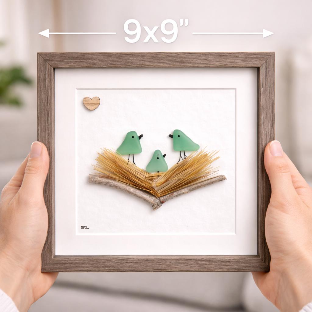 Sea Glass Bird Family in Nest, Handmade Framed Artwork (8x8)