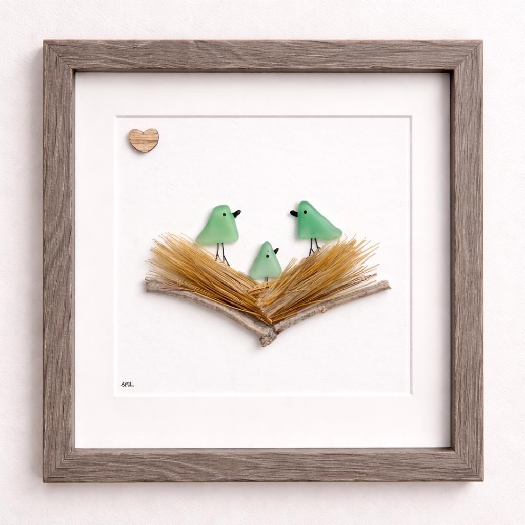 Sea Glass Bird Family in Nest, Handmade Framed Artwork (8x8)
