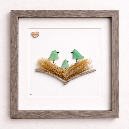 Sea Glass Bird Family in Nest, Handmade Framed Artwork (8x8)
