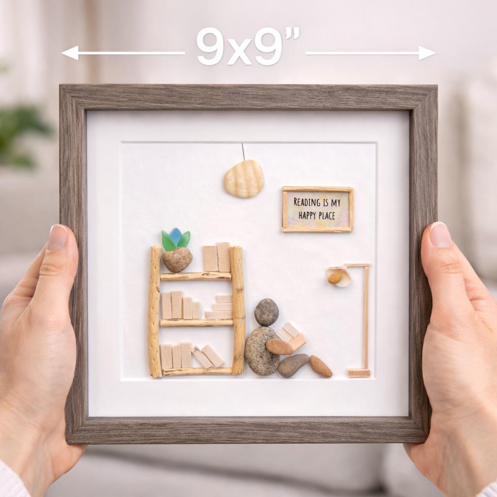 Reading Is My Happy Place | Pebble Art with Bookshelf | Framed Gift for Book Lovers, Book Worms, Readers, Teachers, Friends
