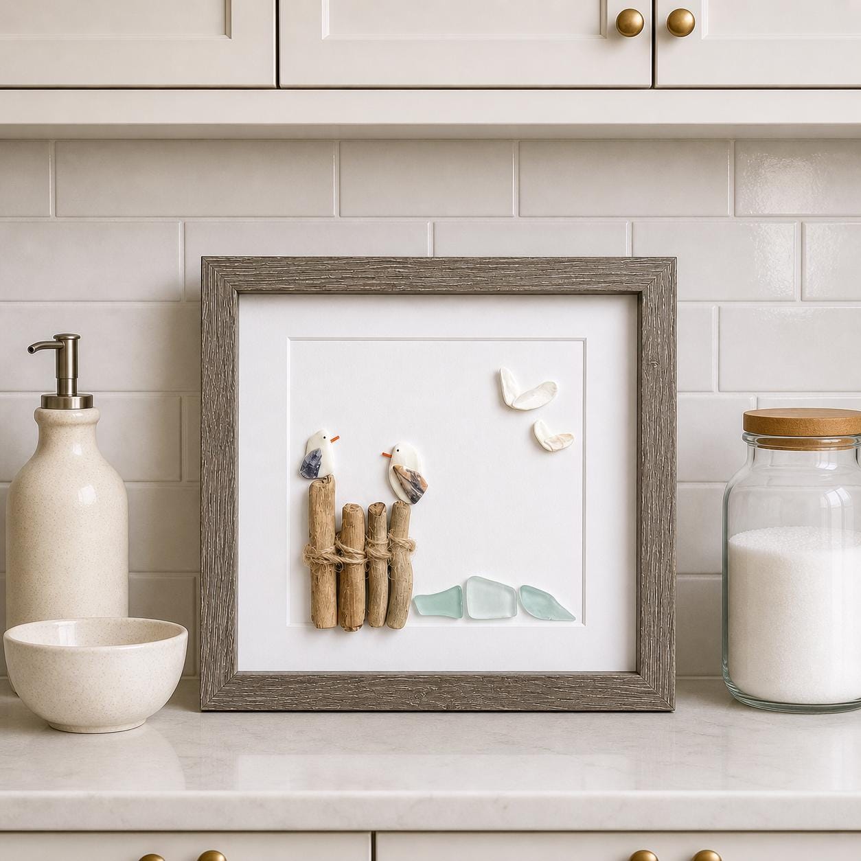 Seagull Sea Glass Pebble Art, Driftwood Beach House Decor, Framed Coastal Artwork