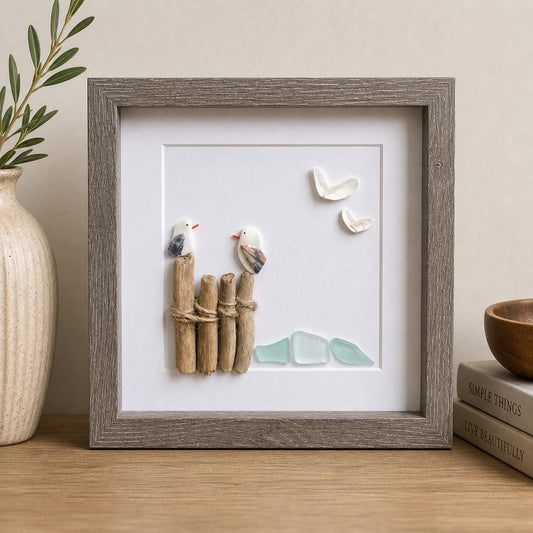 Seagulls at the Beach | Seagulls on Pylons | Decor for Beach House | Lake House | Dock Art | 8x8 Sea Glass and Driftwood Art