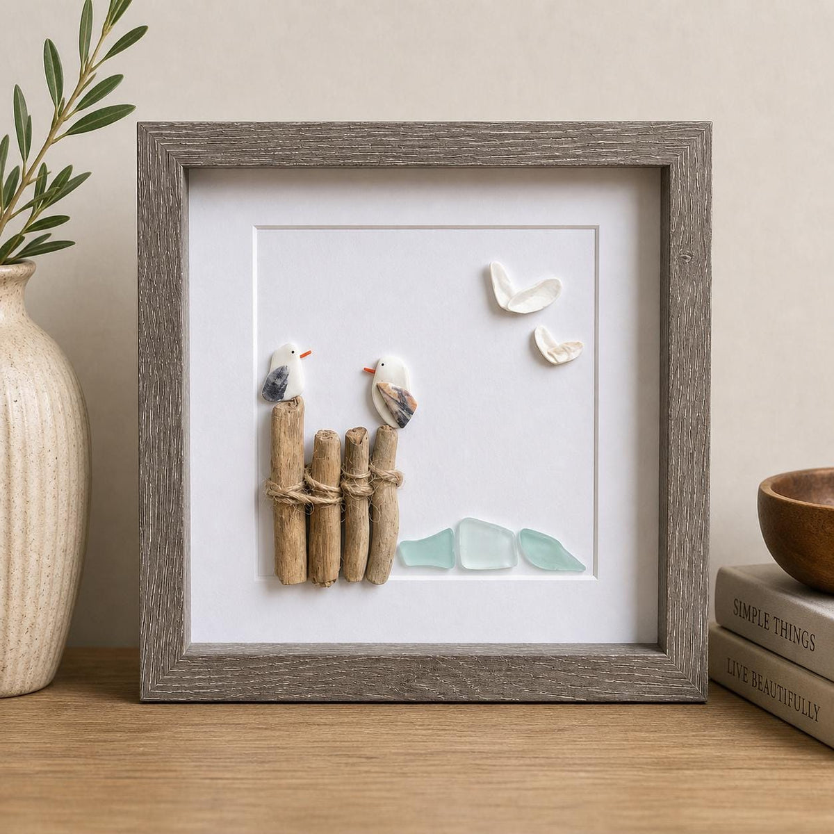 Seagulls at the Beach | Seagulls on Pylons | Decor for Beach House | Lake House | Dock Art | 8x8 Sea Glass and Driftwood Art
