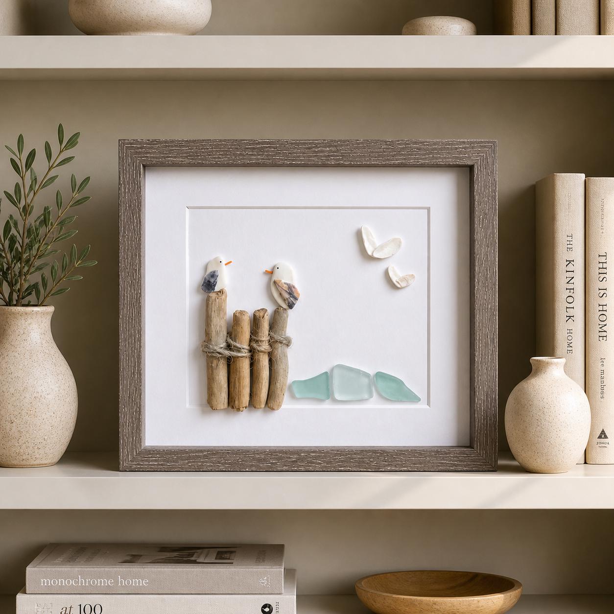 Seagull Sea Glass Pebble Art, Driftwood Beach House Decor, Framed Coastal Artwork