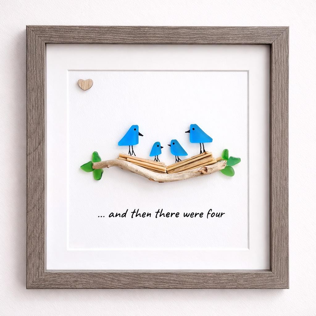 Sea Glass Bird Family of Four, 8x8 Personalized Framed Picture, New Baby Gift, Mother’s Day Gift, Handmade Artwork, New Parents Gift